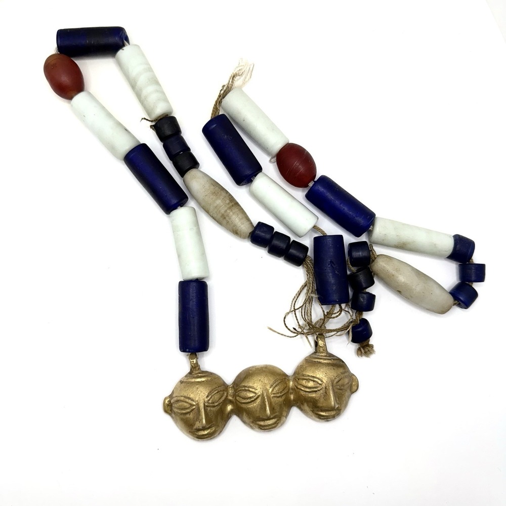 Vintage BRASS FACE MASK Pendant Necklace Warrior Tribal Glass Beads Fight Blue - Picture 2 of 10